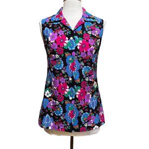 Vtg 70's JCPenney Hawaiian Tropical Groovy Button Up Floral Sleeveless Top Med